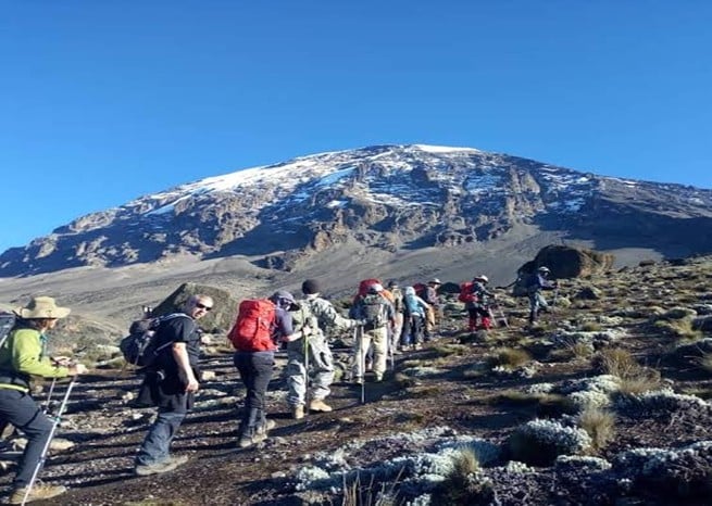 Trekkers ascending Mount Kilimanjaro with snow-capped peak in view under a clear blue sky – GoFurther4x4CarRental
