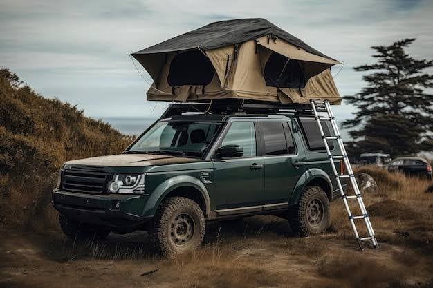 Alt Text: 4x4 safari vehicle with rooftop tent set up for camping in Tanzania’s wilderness.