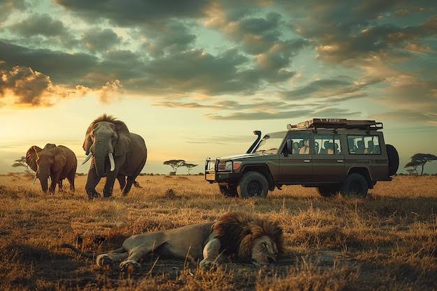 Safari 4x4 vehicle from a reliable car rental company in East Africa during a wildlife safari with elephants and lions