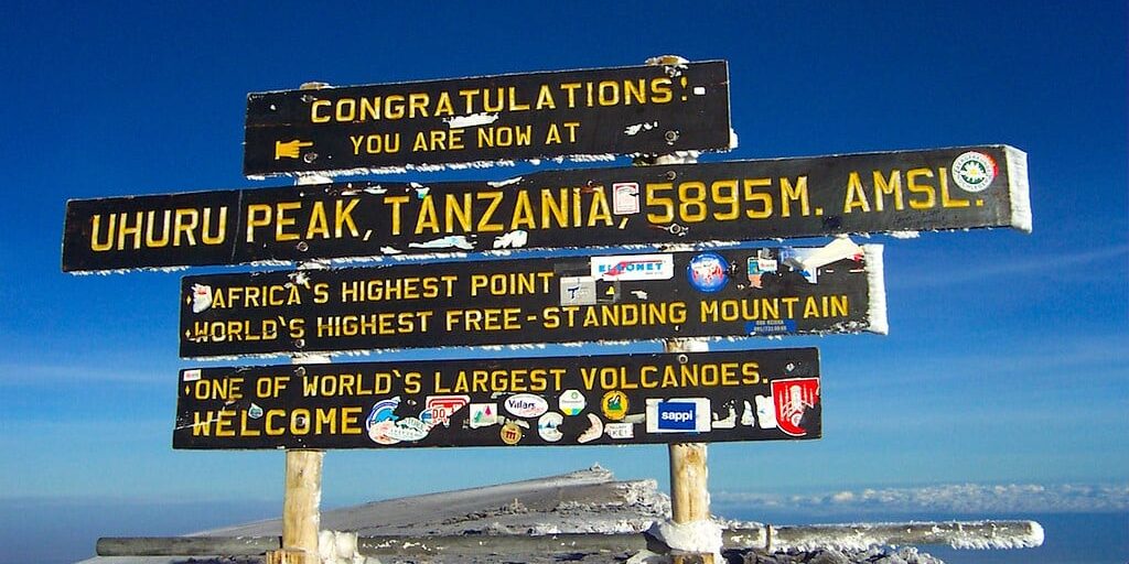 Uhuru Peak summit sign on Mount Kilimanjaro at 5895 meters during a guided hike